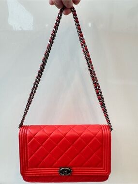 Chanel Lambskin Quilted Boy Wallet On Chain WOC Orange Red